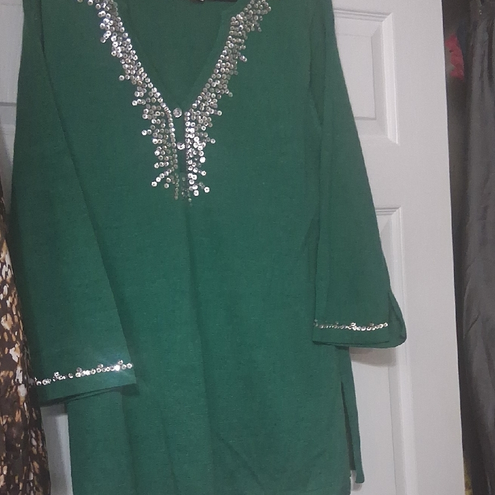 Green Sequin V-Neck Women's Top